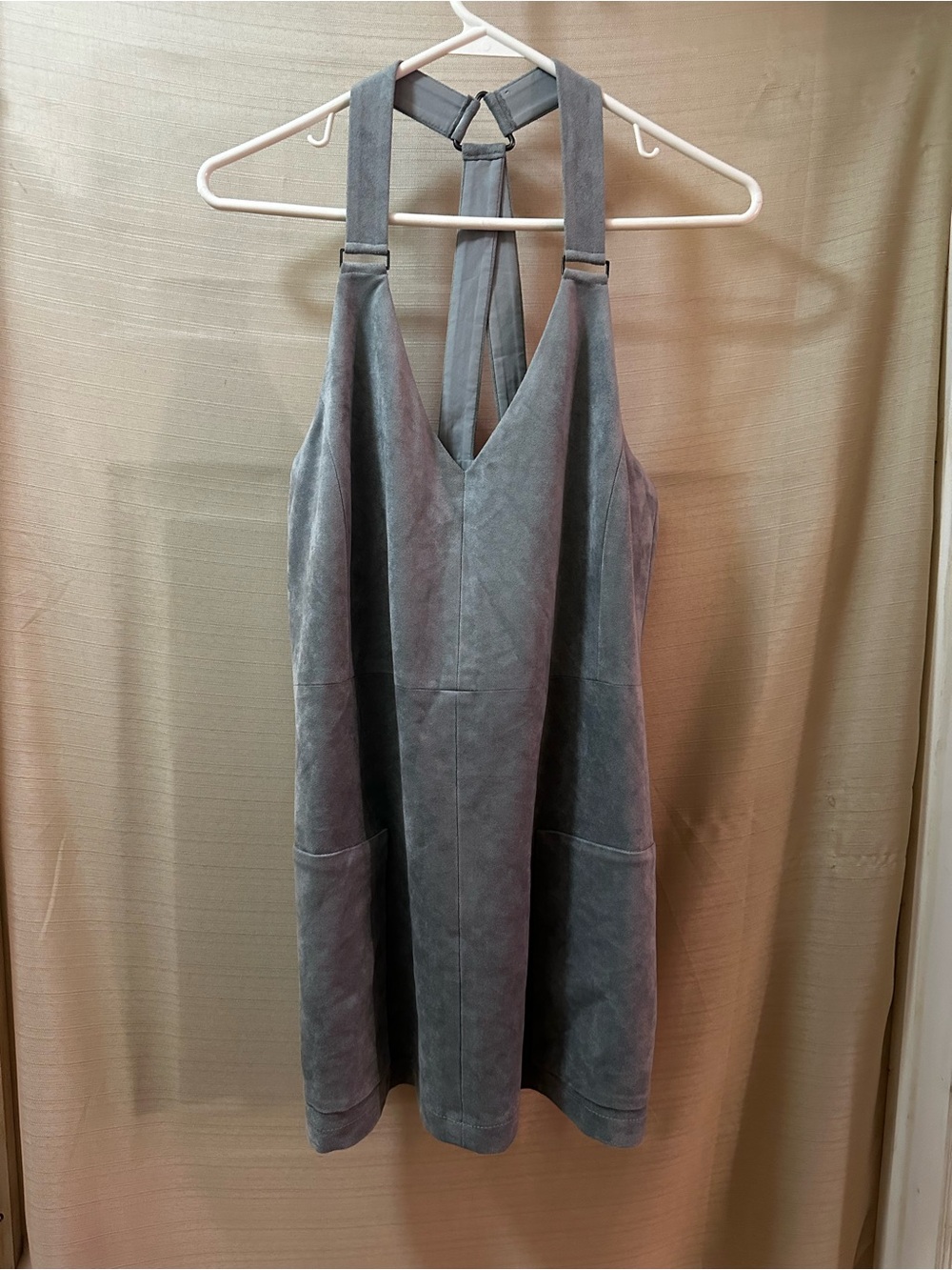 BCBGMAXAZRIA Faux Suede Overall Strappy Mini Dress Grey Pockets Small
